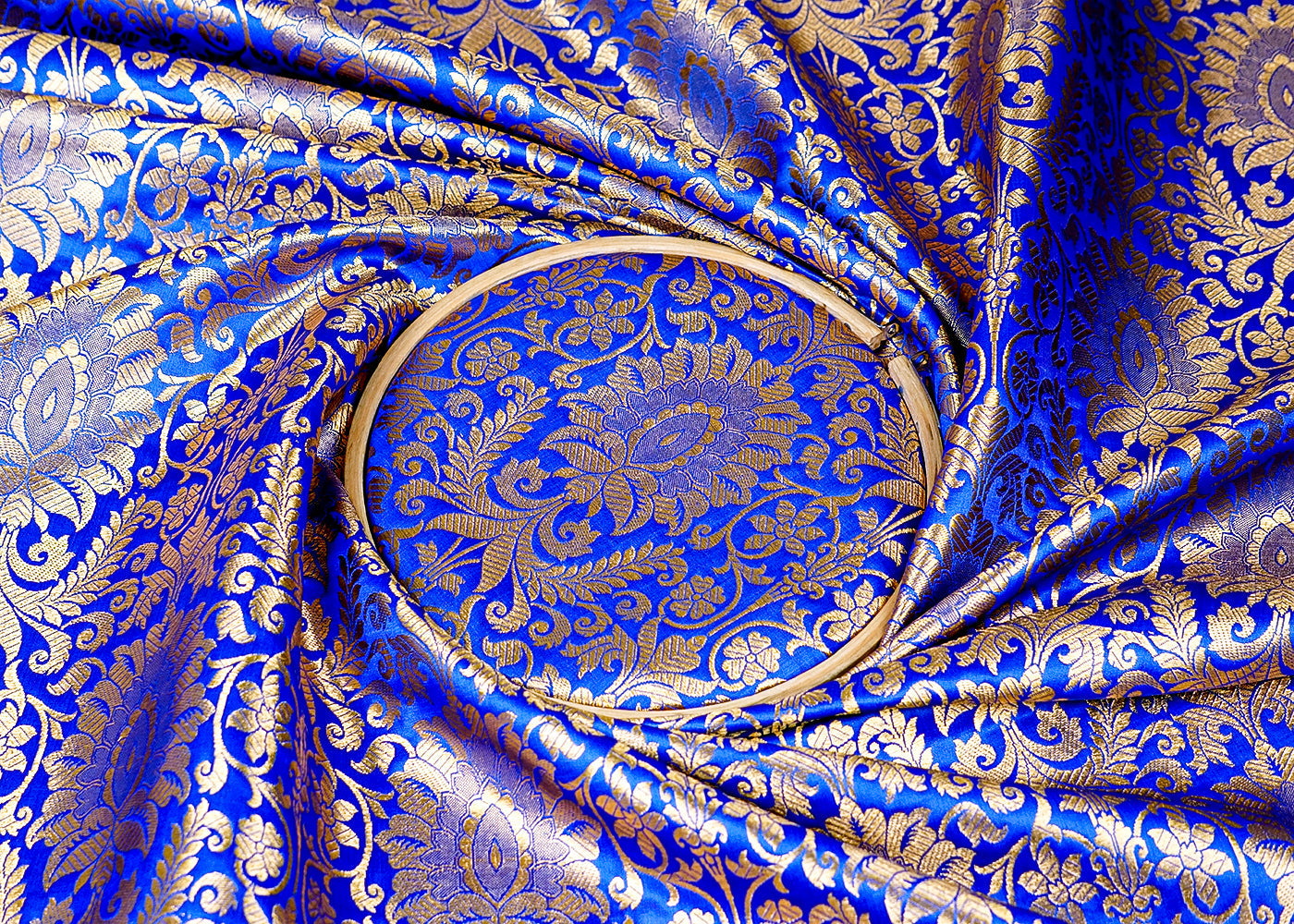 Royal Blue Banarasi Brocade Fabric With All Over Golden Zari Handloom 16353