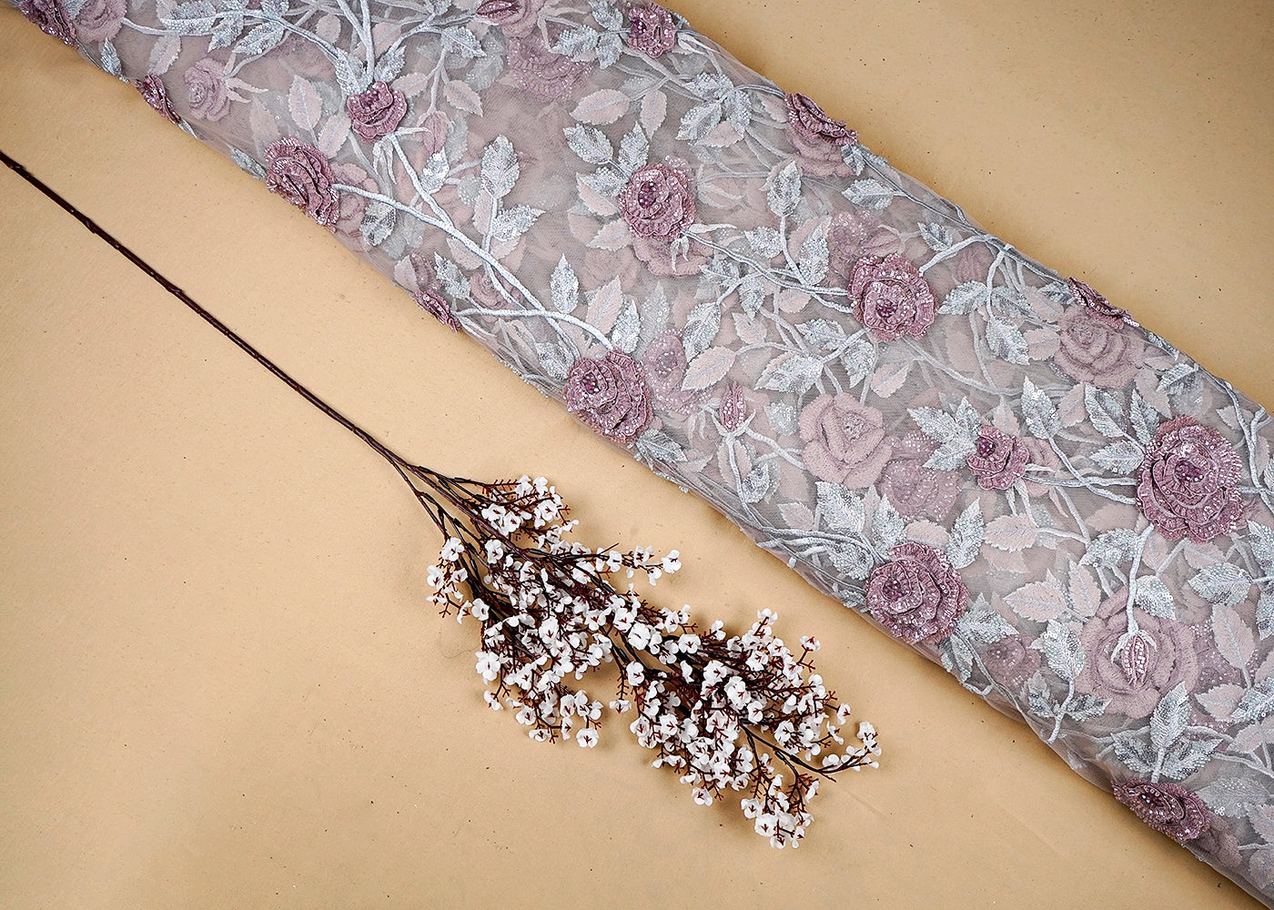 Onion Imported Net Fabric With All Over Flowers Of Thread, Sequins And Bead Work 16354