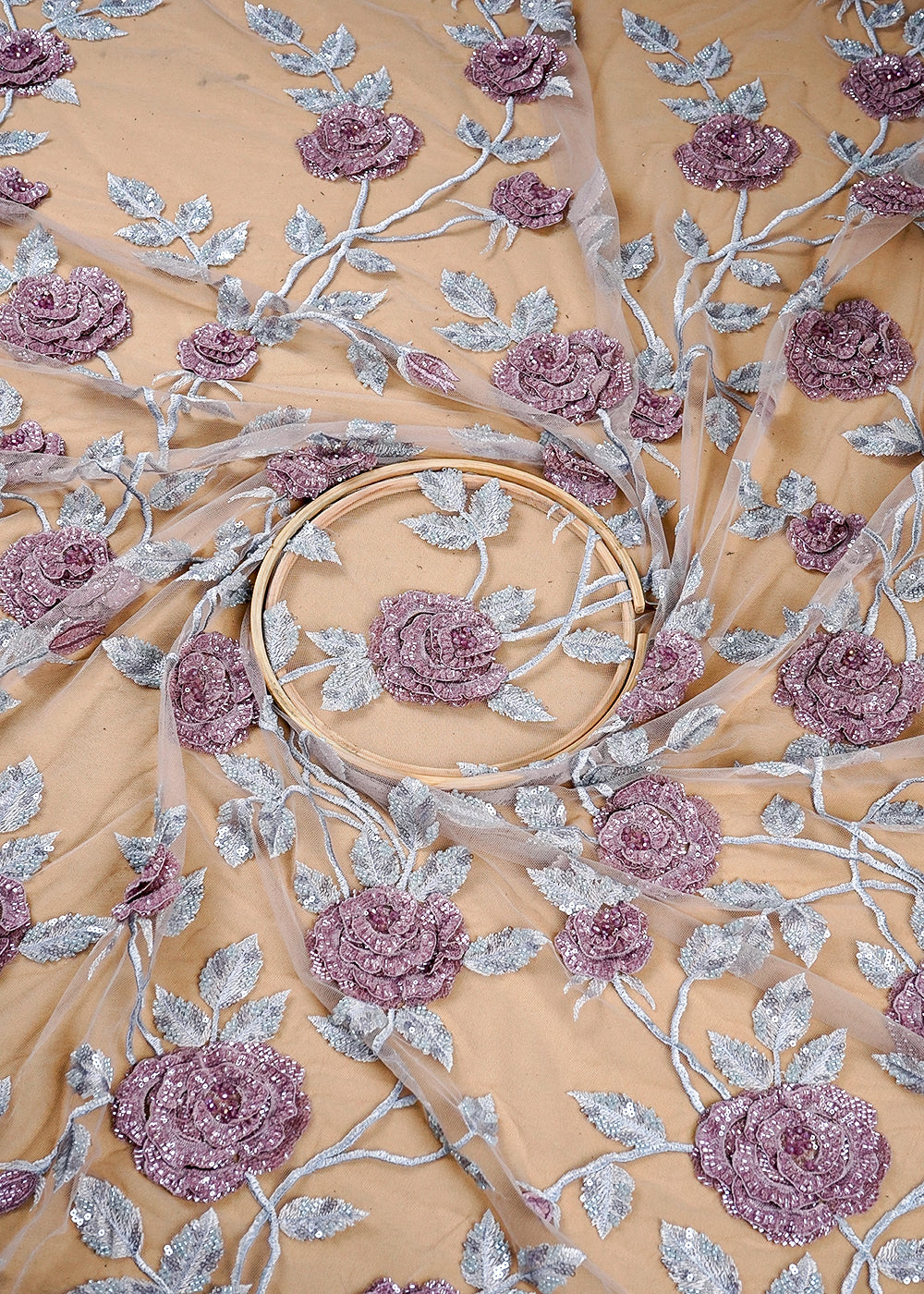 Onion Imported Net Fabric With All Over Flowers Of Thread, Sequins And Bead Work 16354