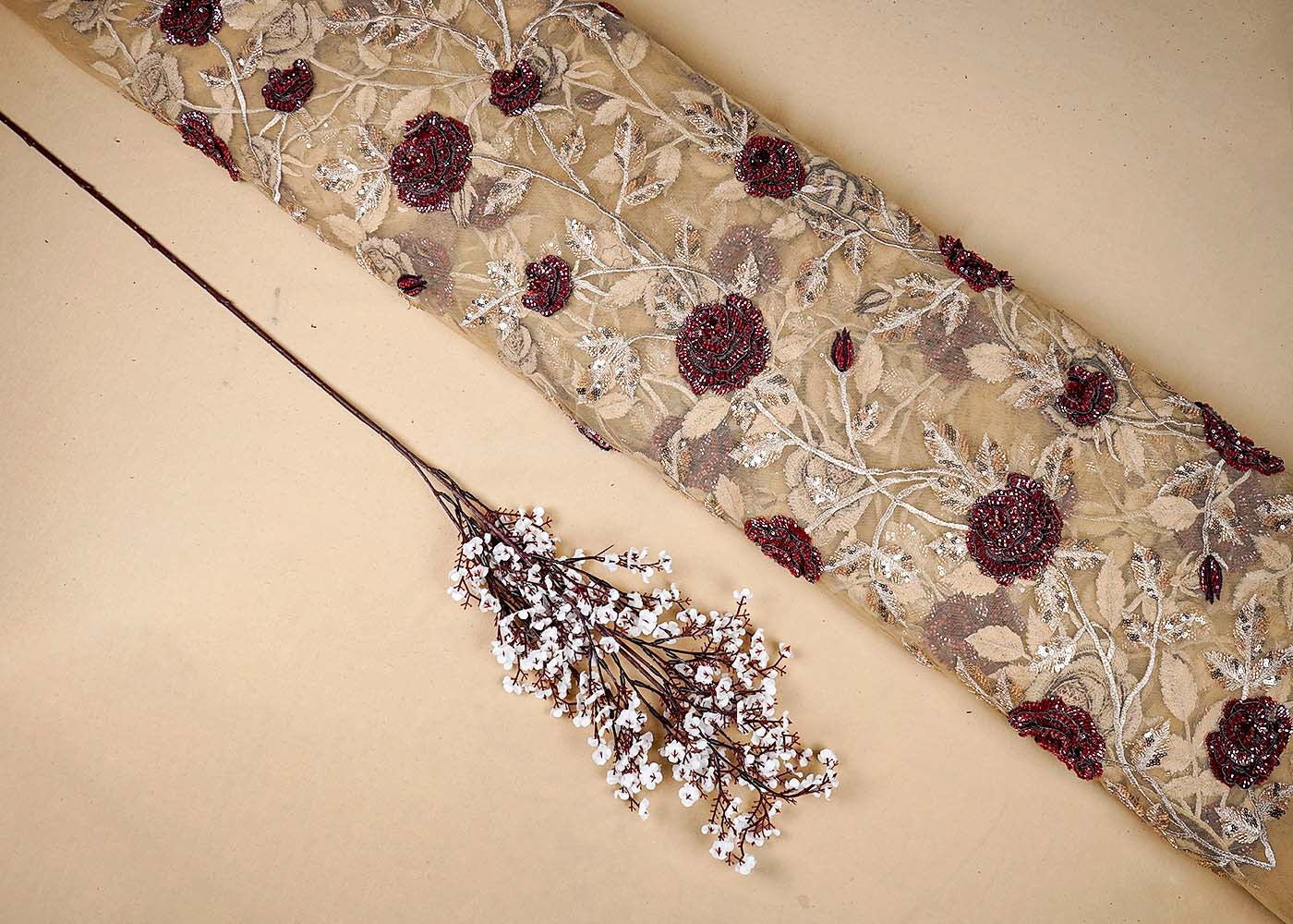 Chiku Imported Net Fabric With All Over Flowers Of Thread, Sequins And Bead Work 16355