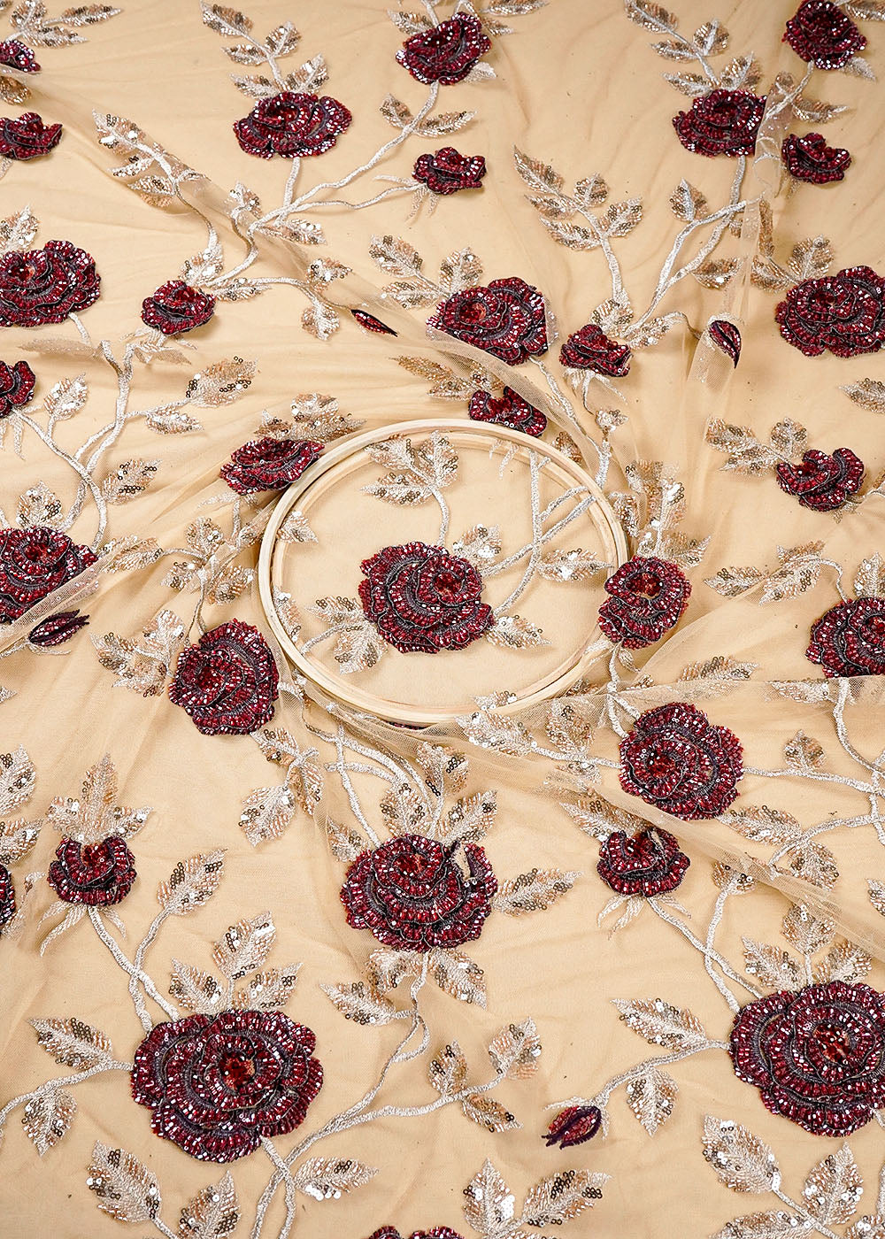 Chiku Imported Net Fabric With All Over Flowers Of Thread, Sequins And Bead Work 16355