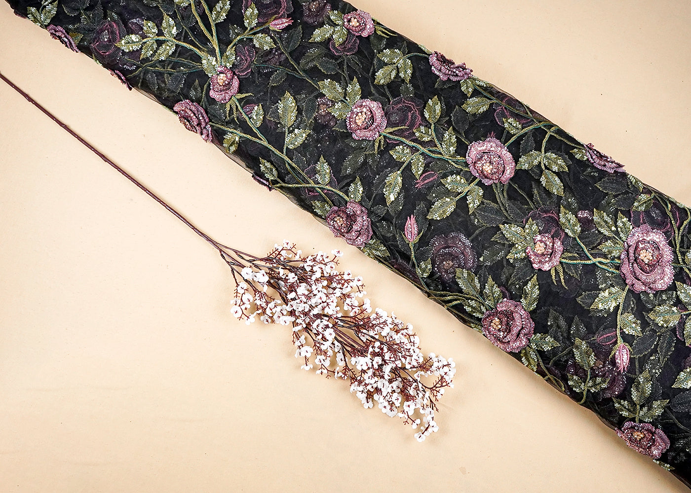 Black Imported Net Fabric With All Over Flowers Of Thread, Sequins And Bead Work 16356