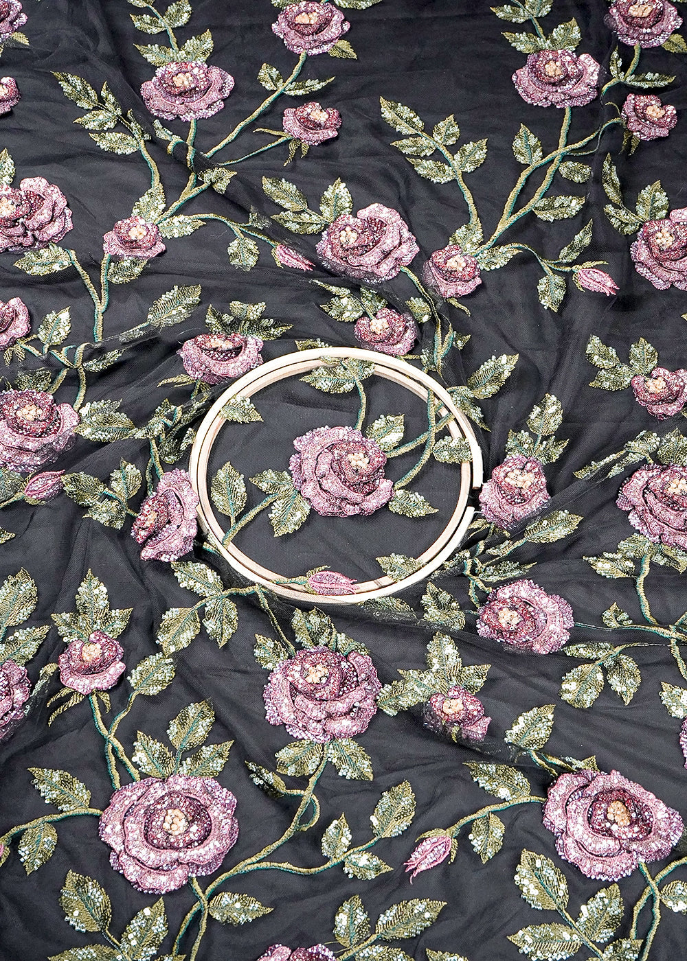 Black Imported Net Fabric With All Over Flowers Of Thread, Sequins And Bead Work 16356