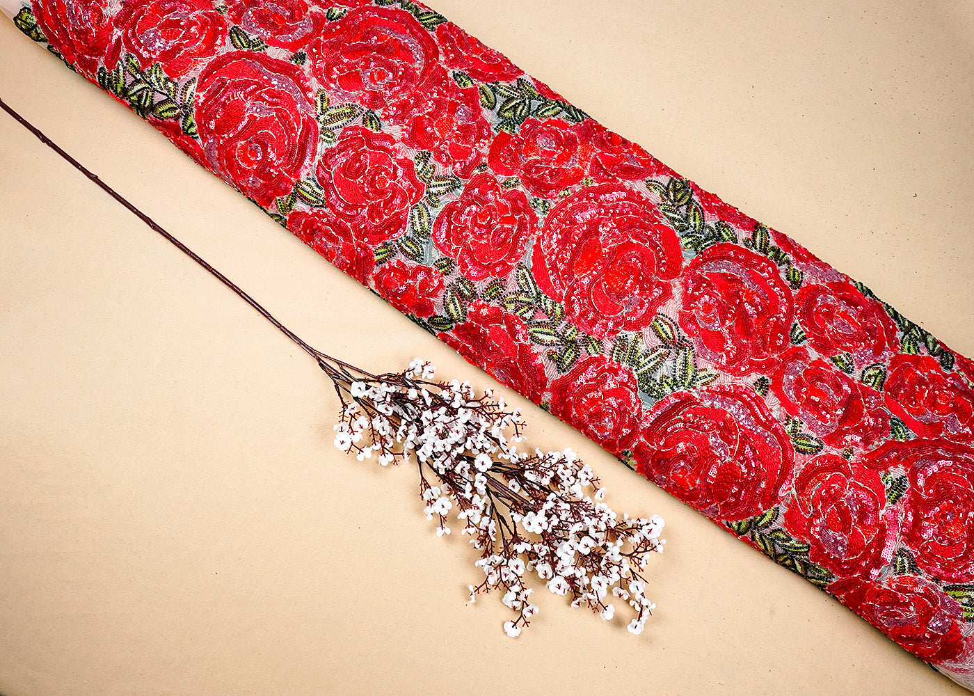 Cream Imported Net Fabric With All Over Thread, Sequins, Katdana, Bead Work 16357