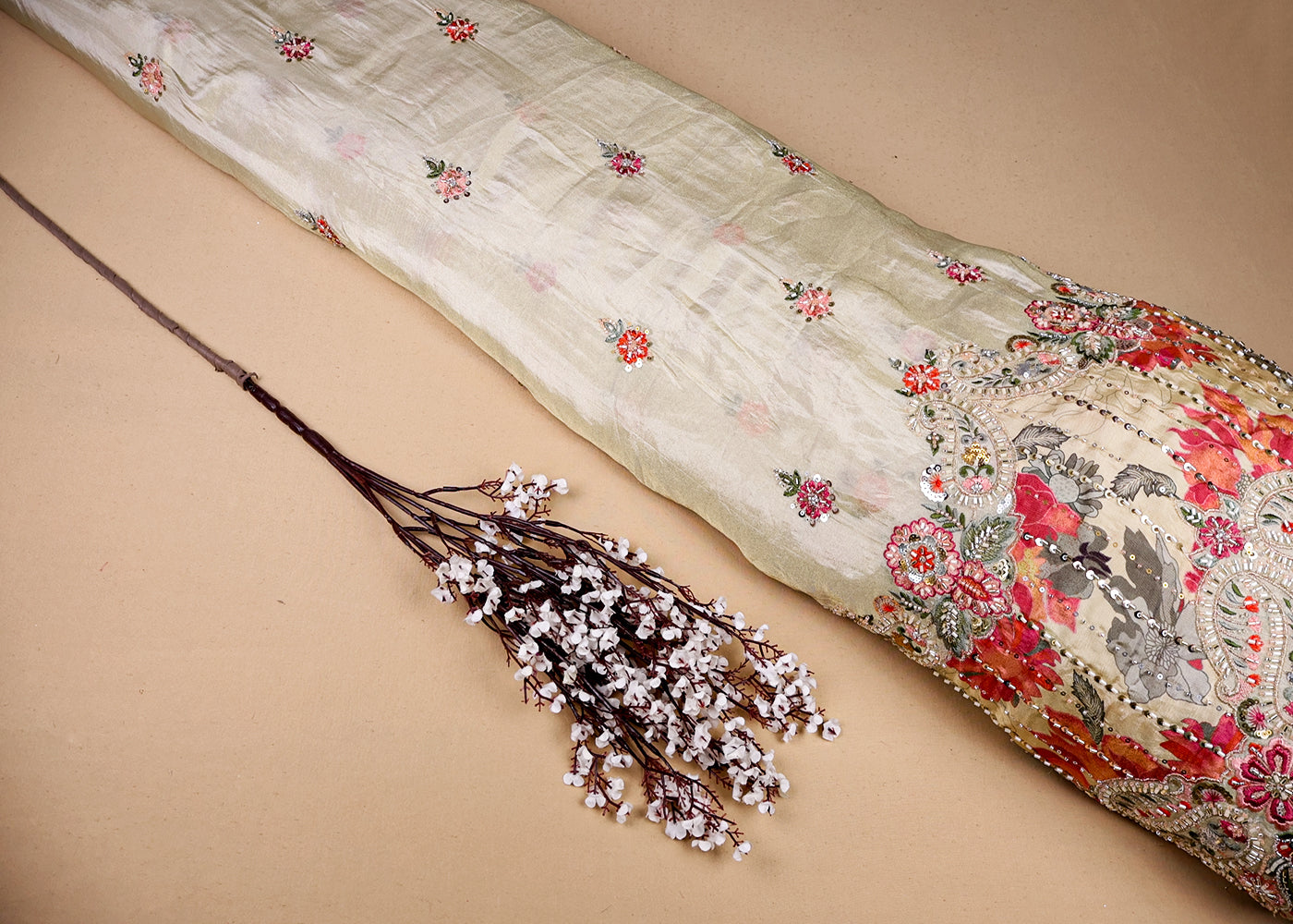 Peach Pink Tissue Fabric With All Over Buti Of Thread, Sequins And Katdana With One Side Heavy Work Border 16360