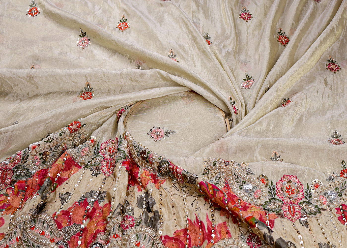Peach Pink Tissue Fabric With All Over Buti Of Thread, Sequins And Katdana With One Side Heavy Work Border 16360