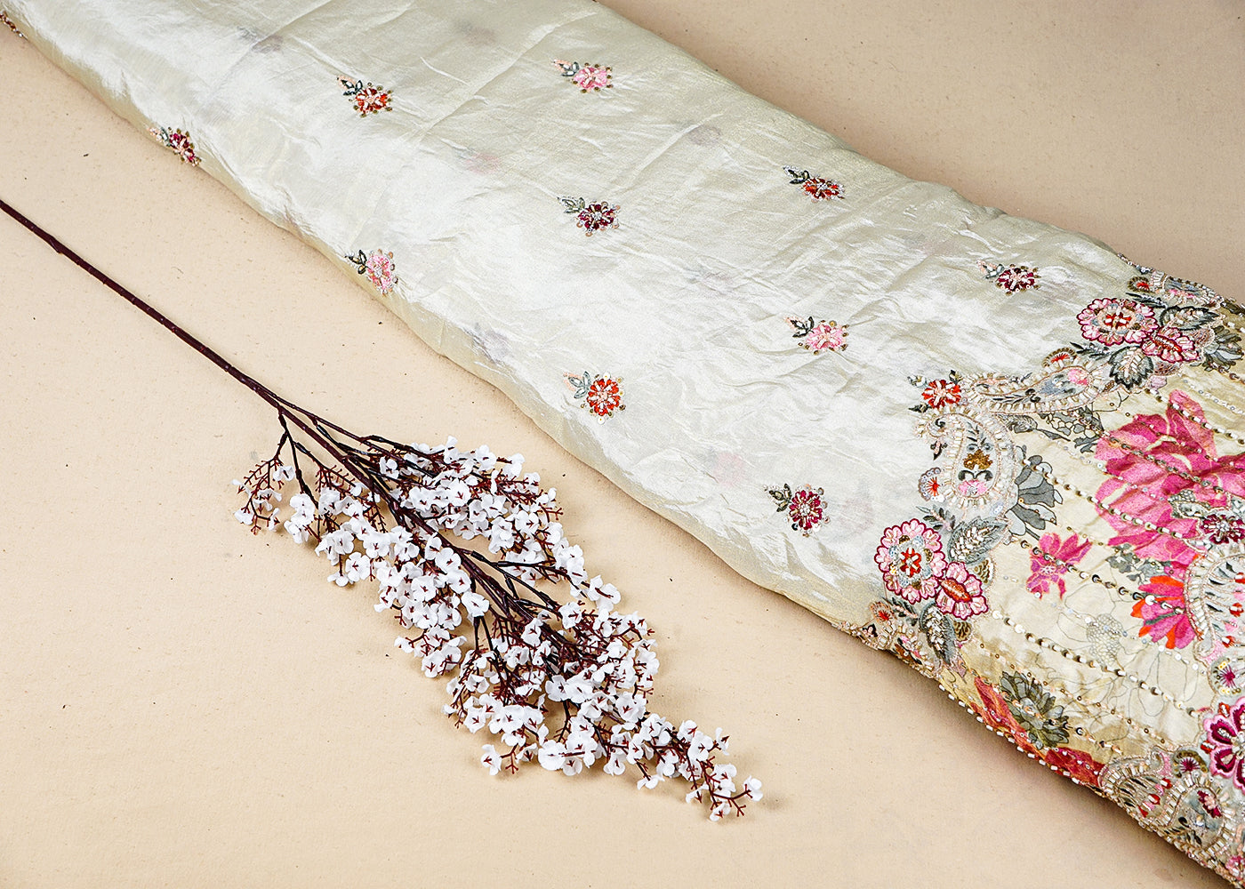 Pink Tissue Fabric With All Over Buti Of Thread, Sequins And Katdana With One Side Heavy Work Border 16361