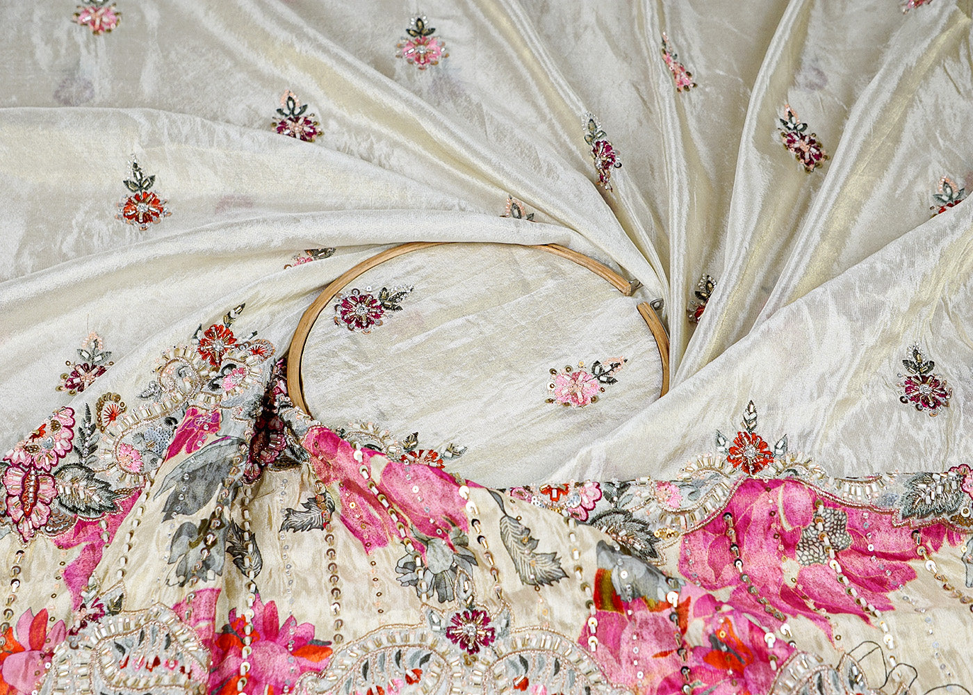 Pink Tissue Fabric With All Over Buti Of Thread, Sequins And Katdana With One Side Heavy Work Border 16361
