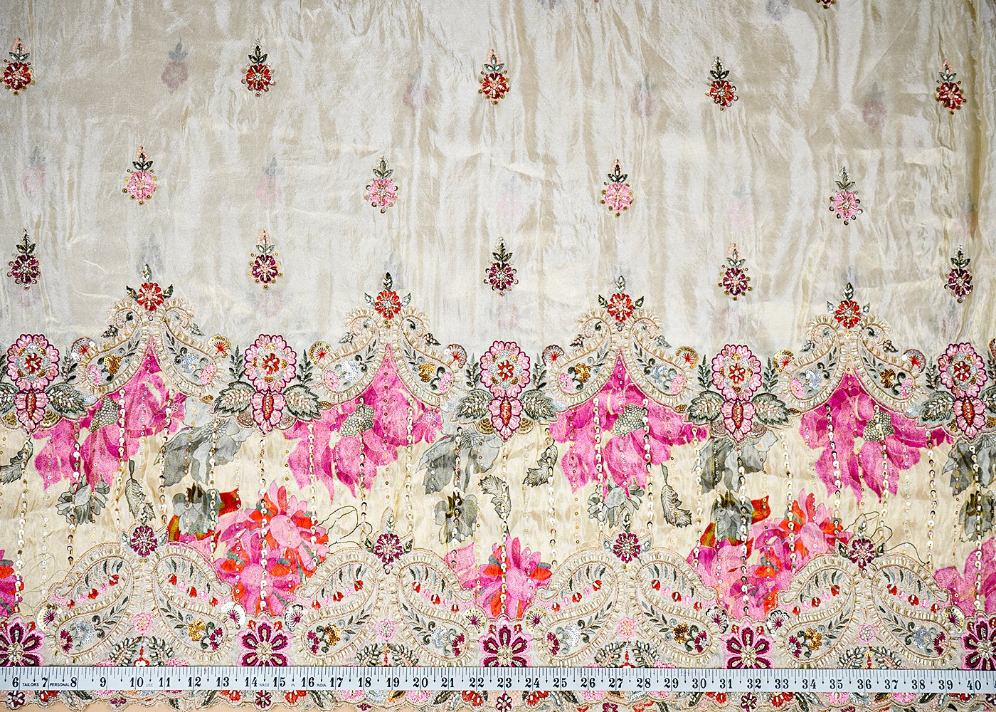 Pink Tissue Fabric With All Over Buti Of Thread, Sequins And Katdana With One Side Heavy Work Border 16361