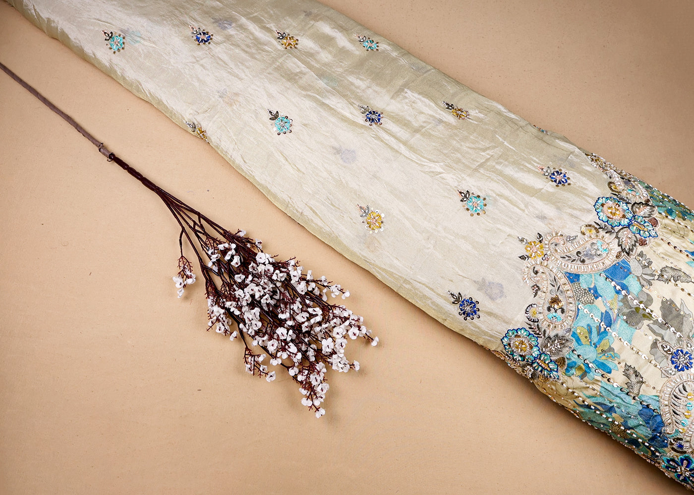 Blue Tissue Fabric With All Over Buti Of Thread, Sequins And Katdana With One Side Heavy Work Border 16362