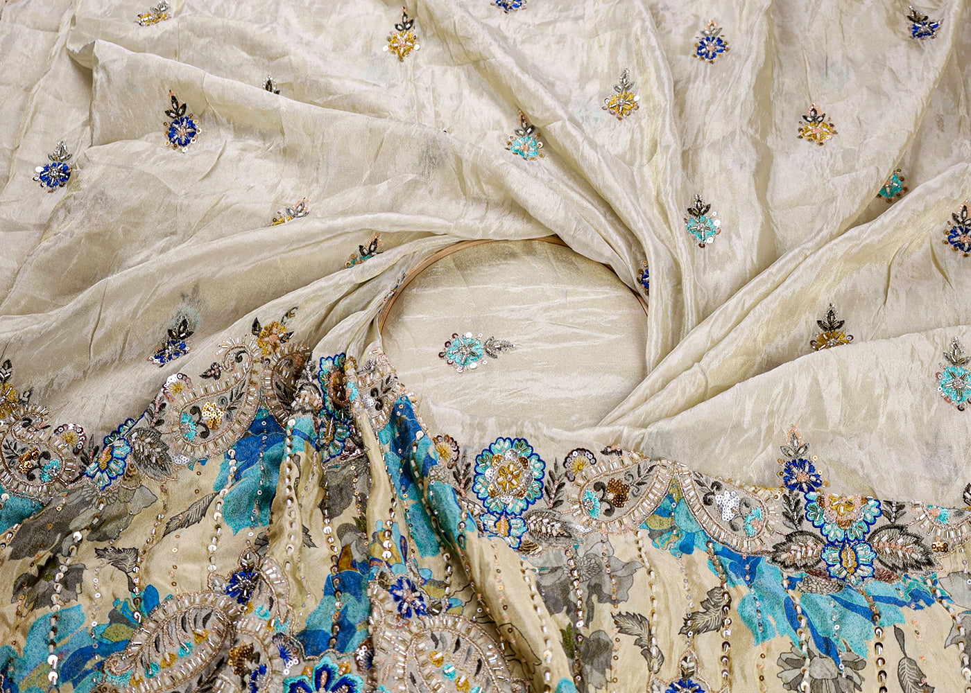 Blue Tissue Fabric With All Over Buti Of Thread, Sequins And Katdana With One Side Heavy Work Border 16362