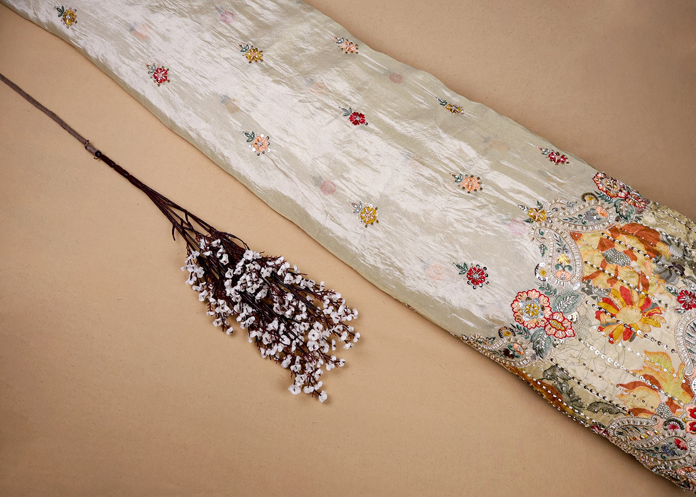 Mustard Tissue Fabric With All Over Buti Of Thread, Sequins And Katdana With One Side Heavy Work Border 16363