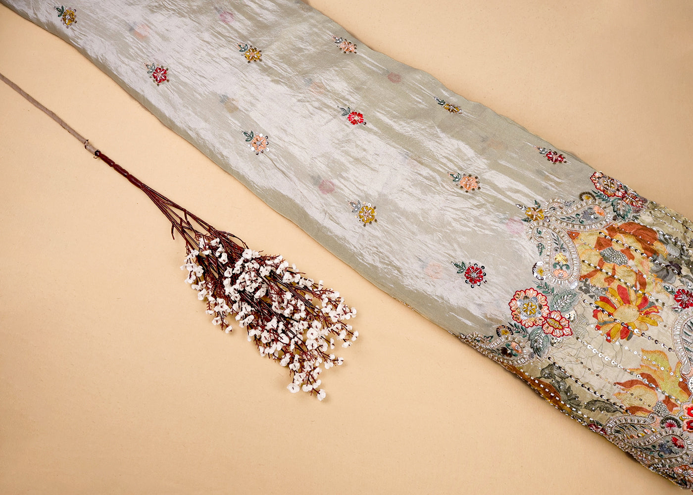 Mustard Tissue Fabric With All Over Buti Of Thread, Sequins And Katdana With One Side Heavy Work Border 16363