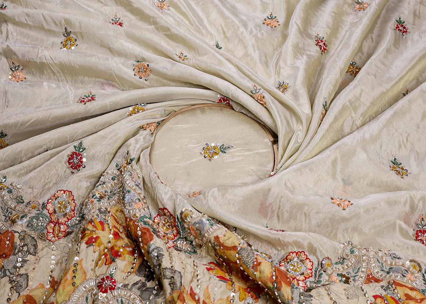 Mustard Tissue Fabric With All Over Buti Of Thread, Sequins And Katdana With One Side Heavy Work Border 16363