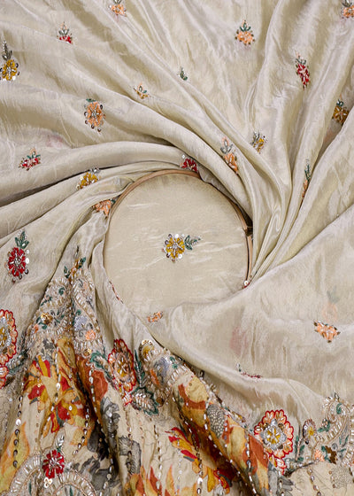 Mustard Tissue Fabric With All Over Buti Of Thread, Sequins And Katdana With One Side Heavy Work Border 16363
