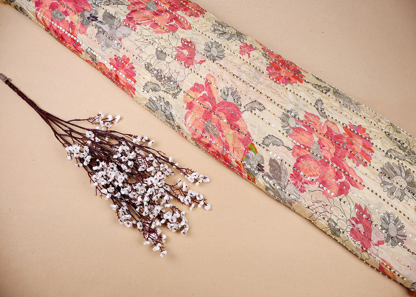 Peach Pink Tissue Fabric With All Over Floral Print And Stripes Of Sequins And Katdana Work 16364