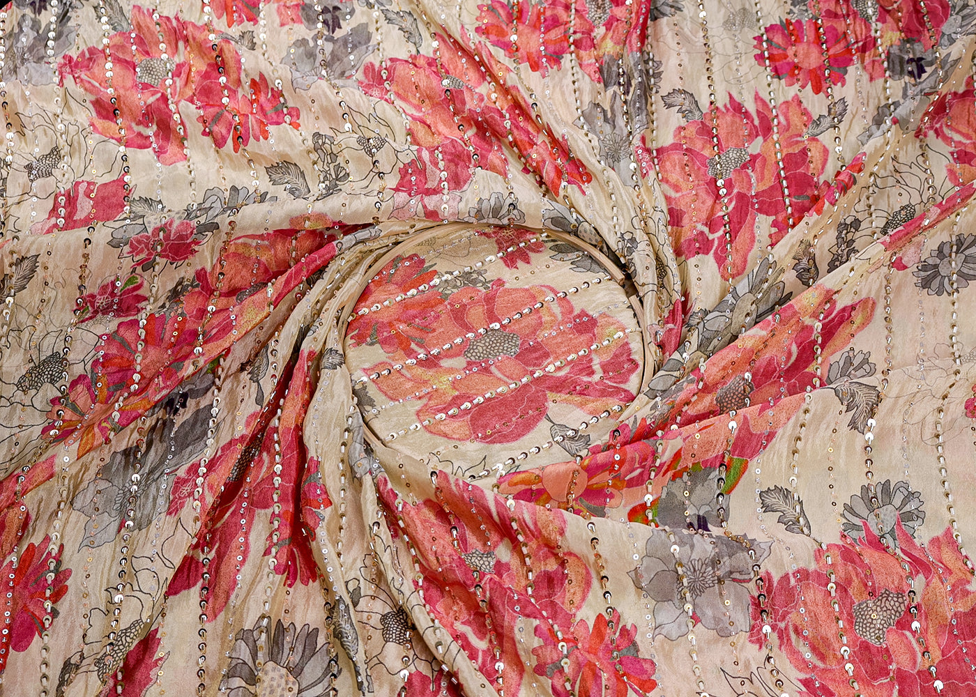 Peach Pink Tissue Fabric With All Over Floral Print And Stripes Of Sequins And Katdana Work 16364