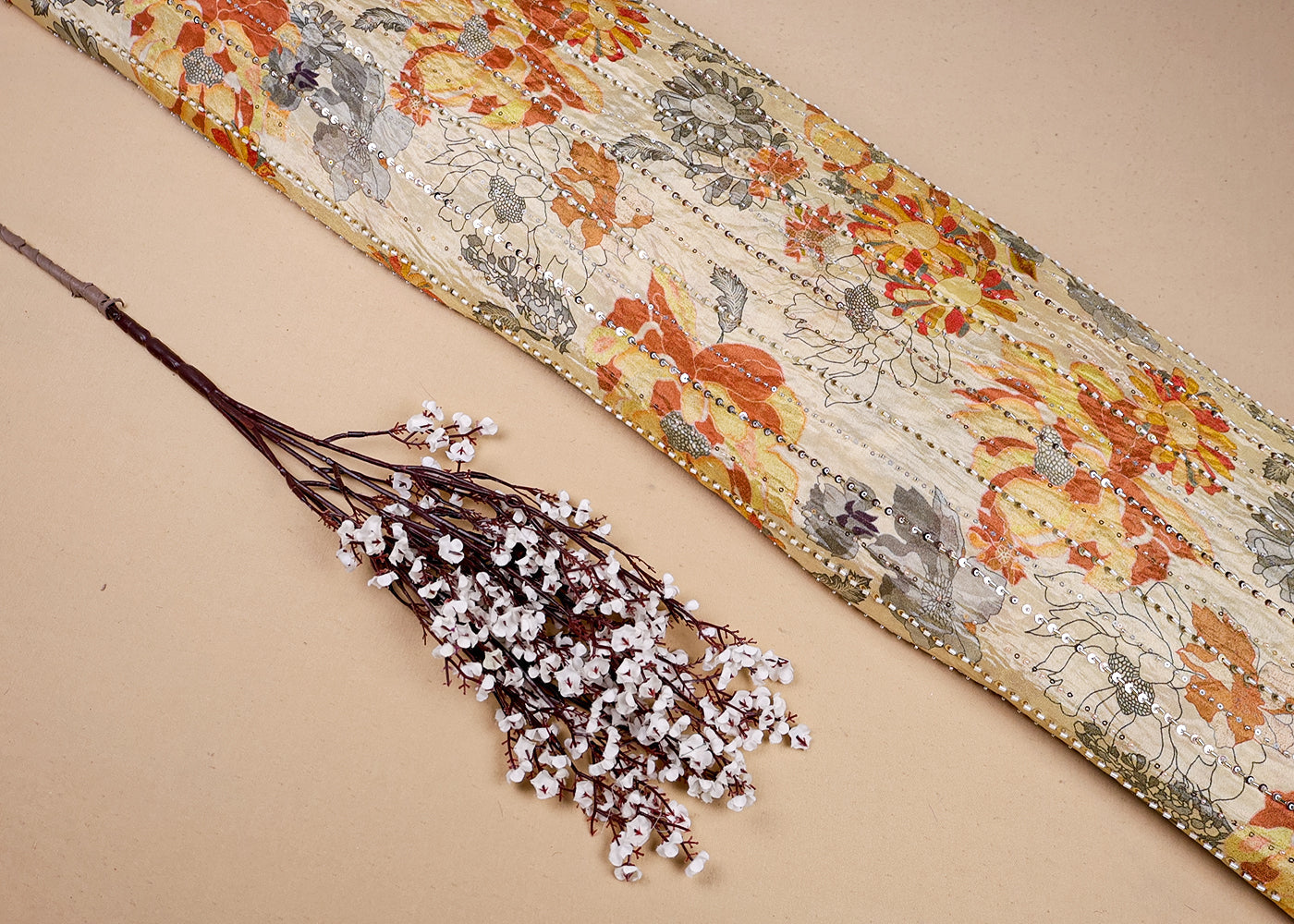 Mustard Tissue Fabric With All Over Floral Print And Stripes Of Sequins And Katdana Work 16365