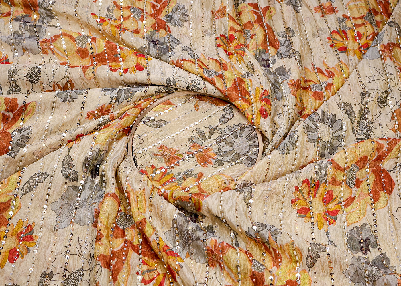 Mustard Tissue Fabric With All Over Floral Print And Stripes Of Sequins And Katdana Work 16365