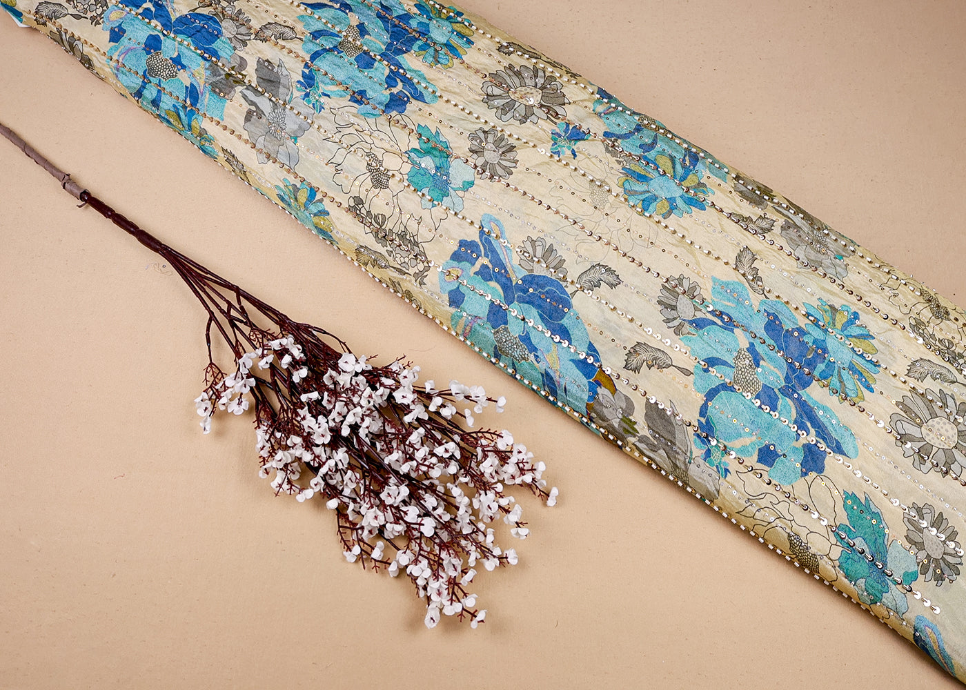 Blue Tissue Fabric With All Over Floral Print And Stripes Of Sequins And Katdana Work 16366