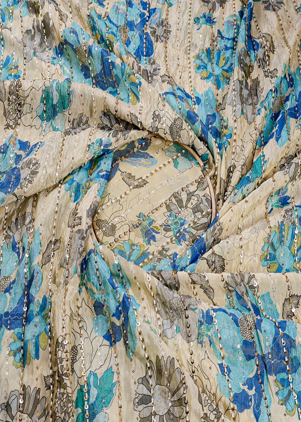 Blue-Tissue-Fabric-With-All-Over-Floral-Print-And-Stripes-Of-Sequins-And-Katdana-Work-16366-close-view