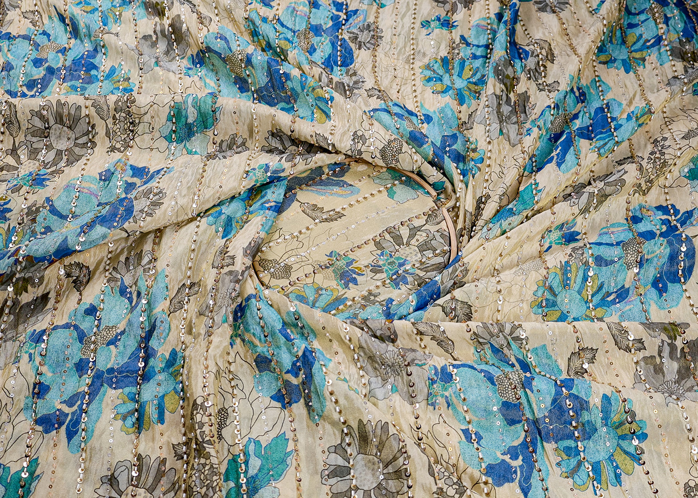 Blue Tissue Fabric With All Over Floral Print And Stripes Of Sequins And Katdana Work 16366