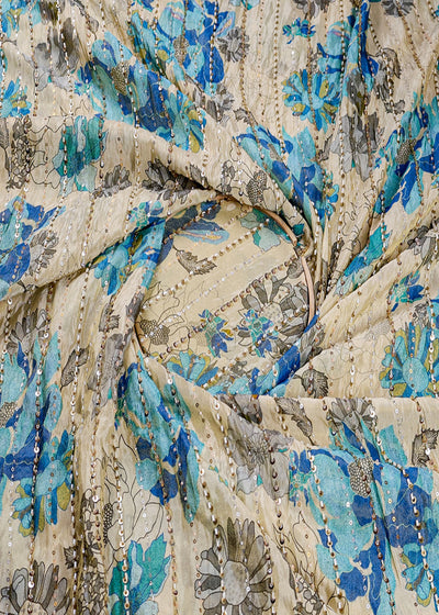Cream Tissue Fabric With All Over Floral Print And Stripes Of Sequins And Katdana Work 16366