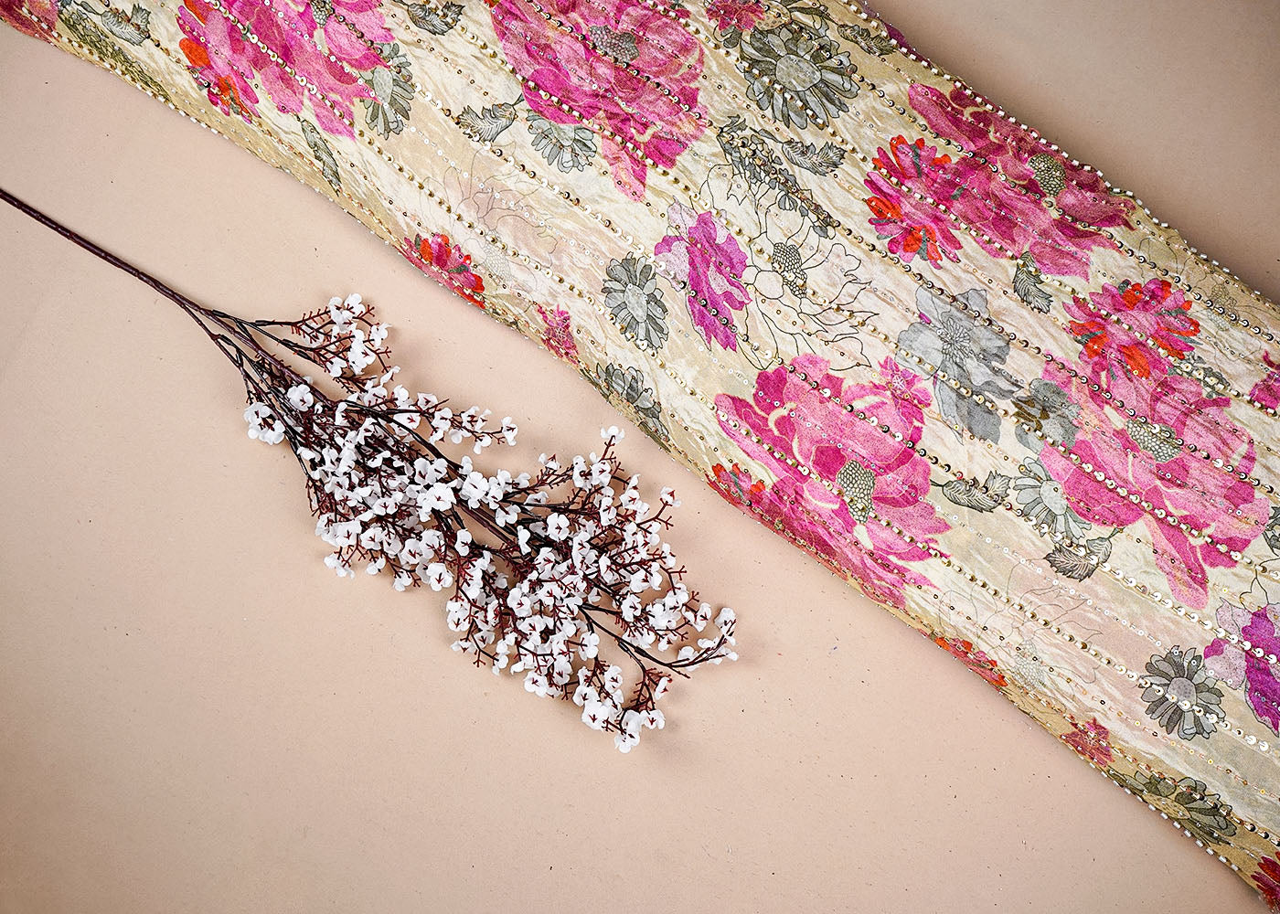 Pink Tissue Fabric With All Over Floral Print And Stripes Of Sequins And Katdana Work 16367