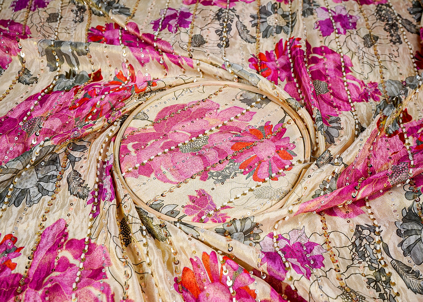 Pink Tissue Fabric With All Over Floral Print And Stripes Of Sequins And Katdana Work 16367