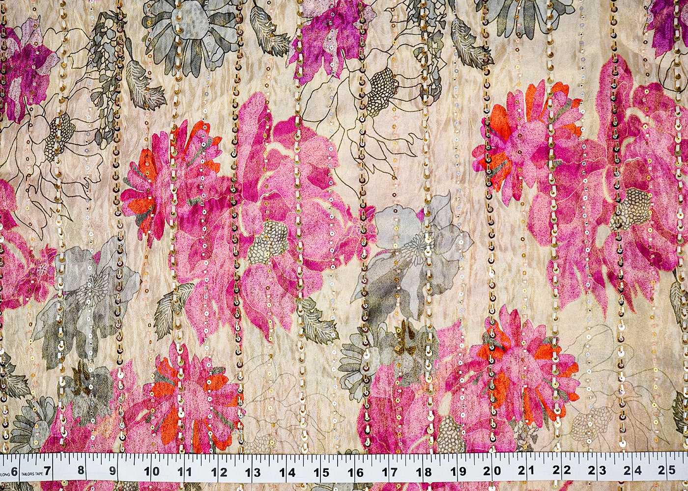 Pink Tissue Fabric With All Over Floral Print And Stripes Of Sequins And Katdana Work 16367