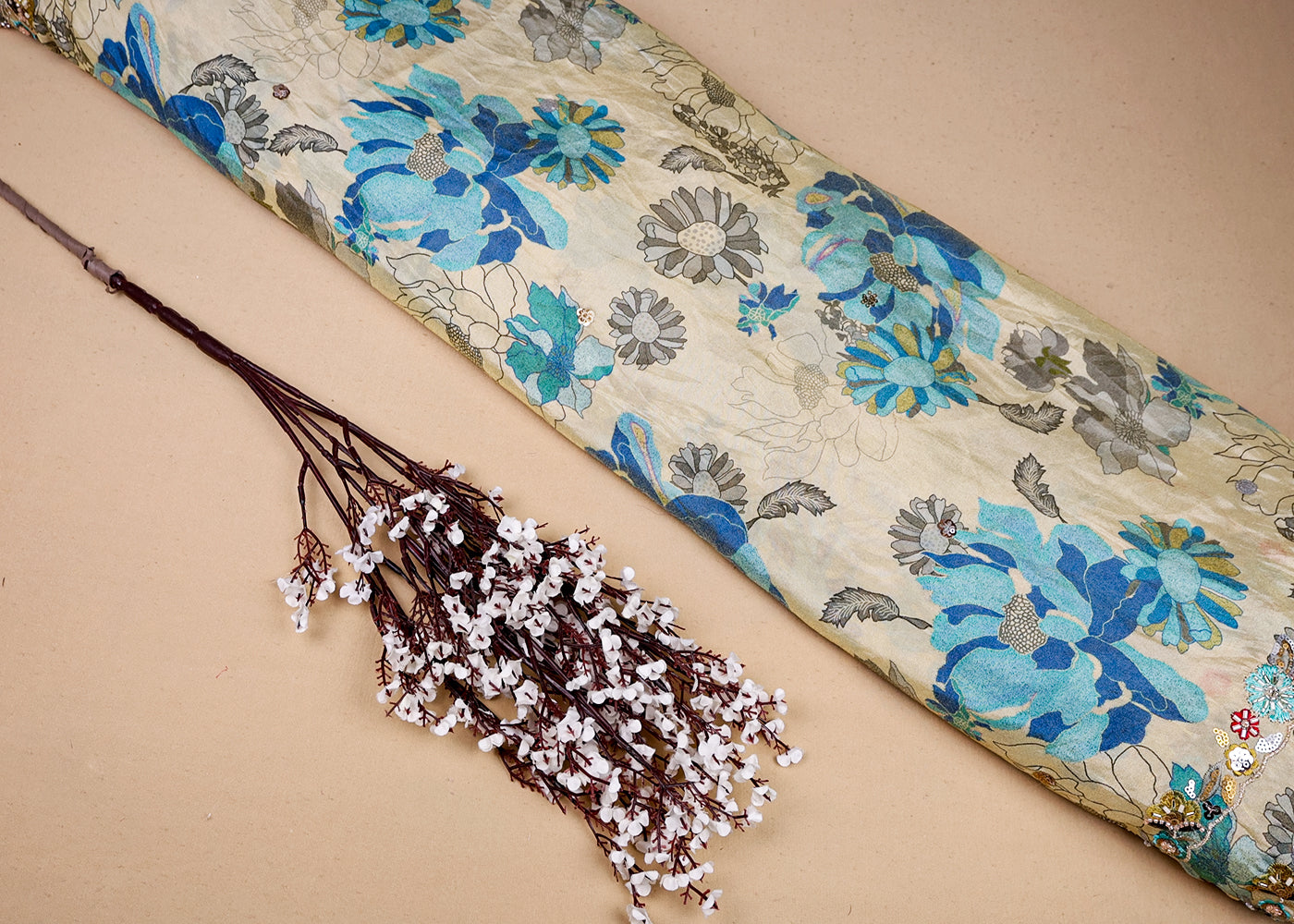 Blue Tissue Dupatta Fabric With Two Side Floral Print And Sequins Work Border 16368
