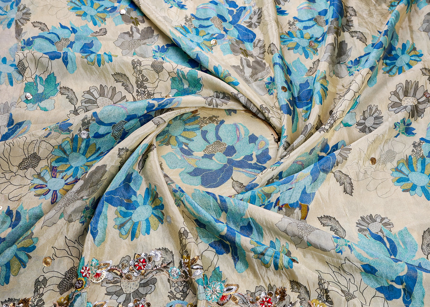Blue Tissue Dupatta Fabric With Two Side Floral Print And Sequins Work Border 16368