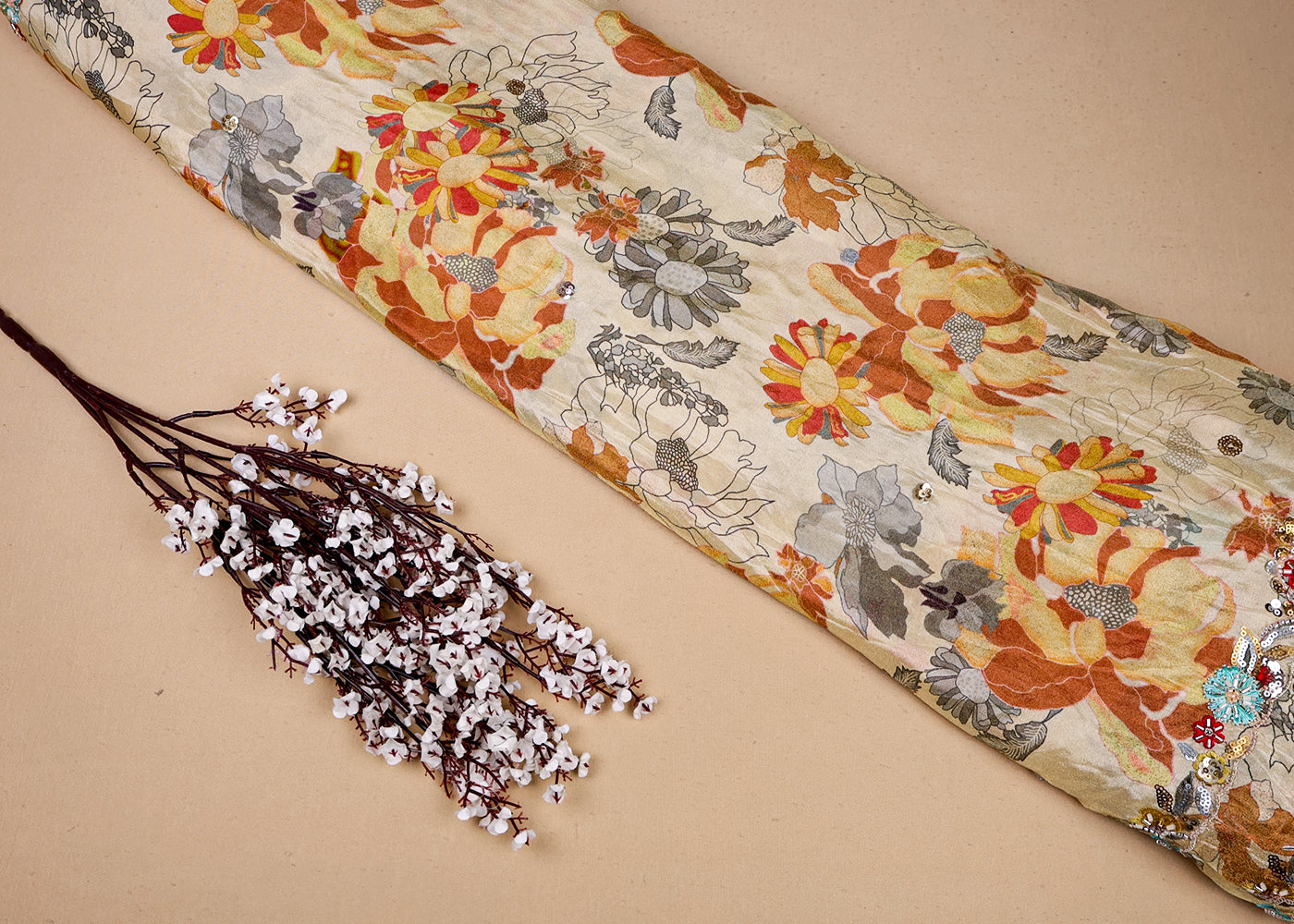 Mustard Tissue Dupatta Fabric With Two Side Floral Print And Sequins Work Border 16369