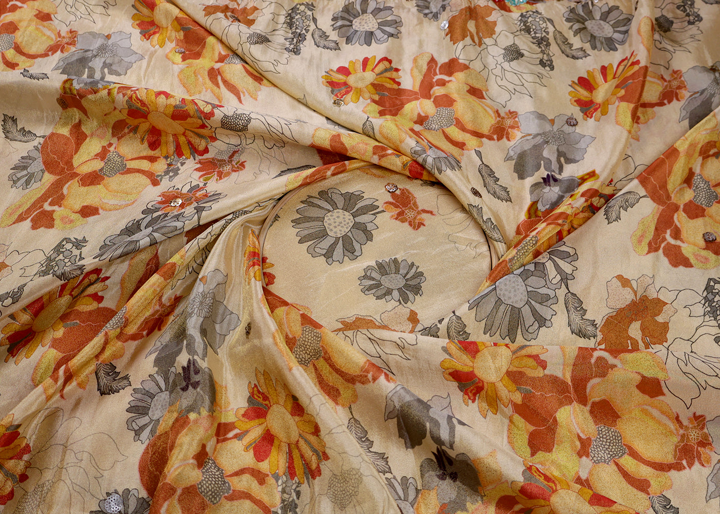 Mustard Tissue Dupatta Fabric With Two Side Floral Print And Sequins Work Border 16369