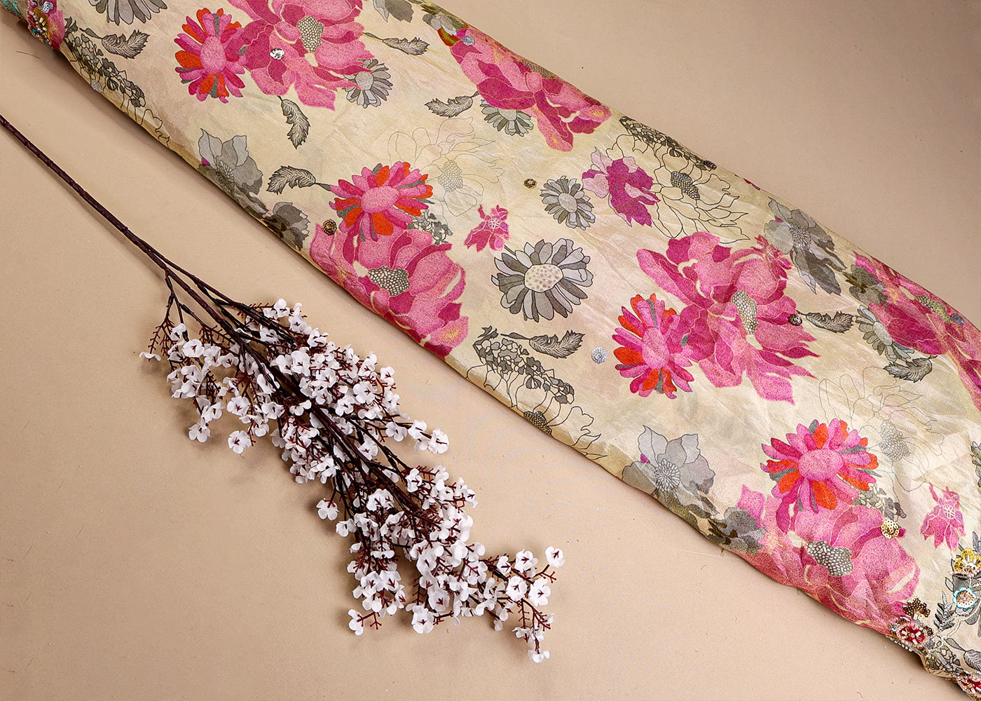 Pink Tissue Dupatta Fabric With Two Side Floral Print And Sequins Work Border 16370