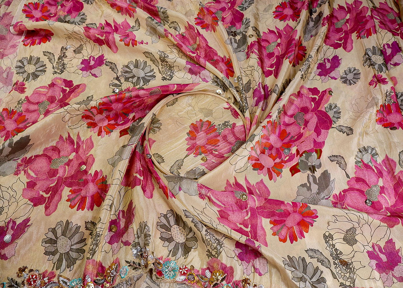 Pink Tissue Dupatta Fabric With Two Side Floral Print And Sequins Work Border 16370