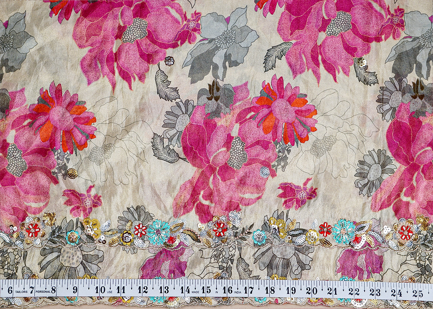 Pink Tissue Dupatta Fabric With Two Side Floral Print And Sequins Work Border 16370