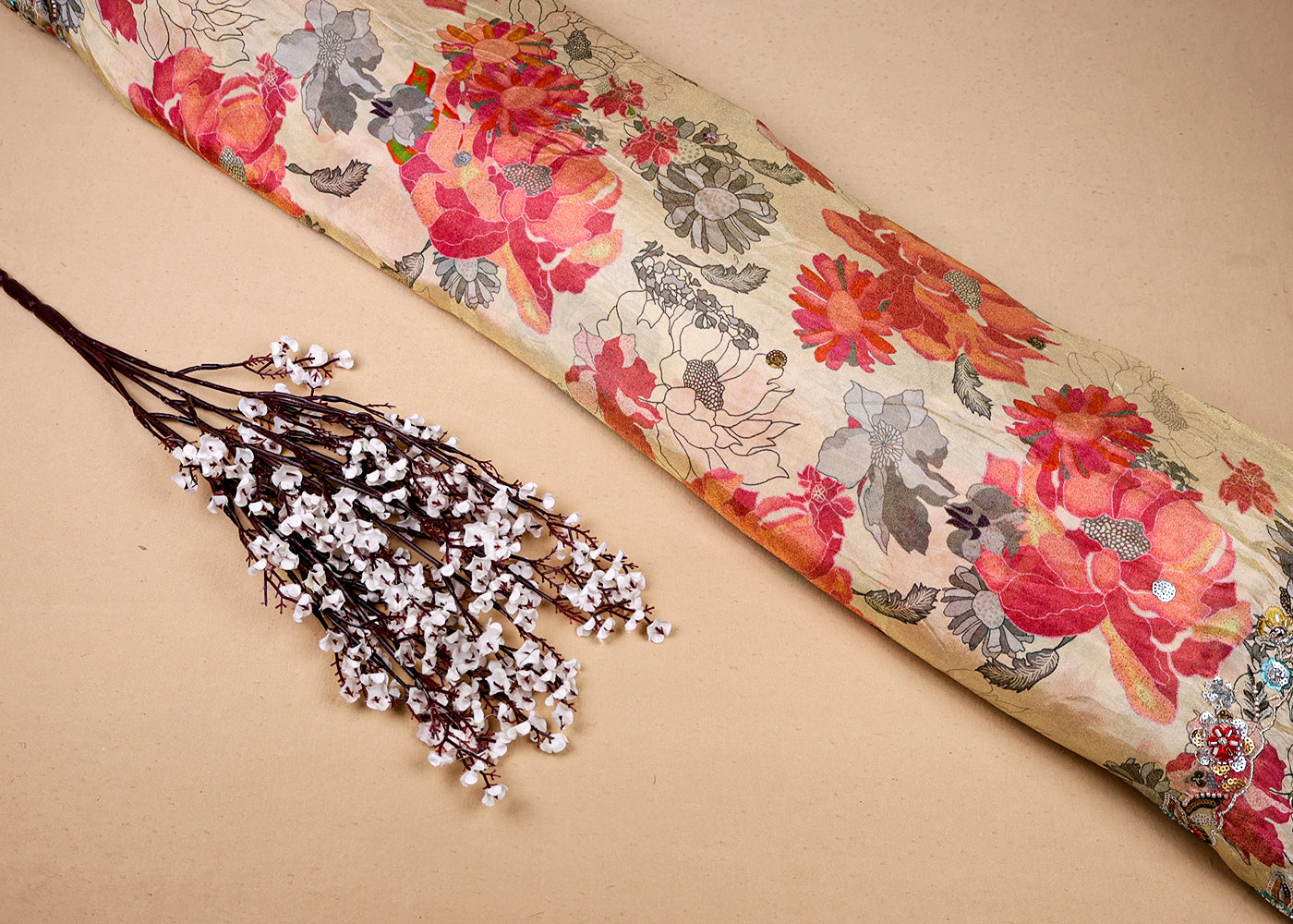 Peach Pink Tissue Dupatta Fabric With Two Side Floral Print And Sequins Work Border 16371