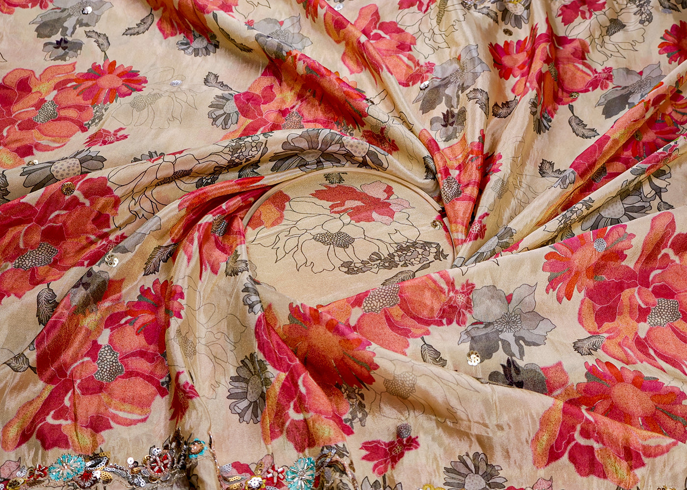 Peach Pink Tissue Dupatta Fabric With Two Side Floral Print And Sequins Work Border 16371