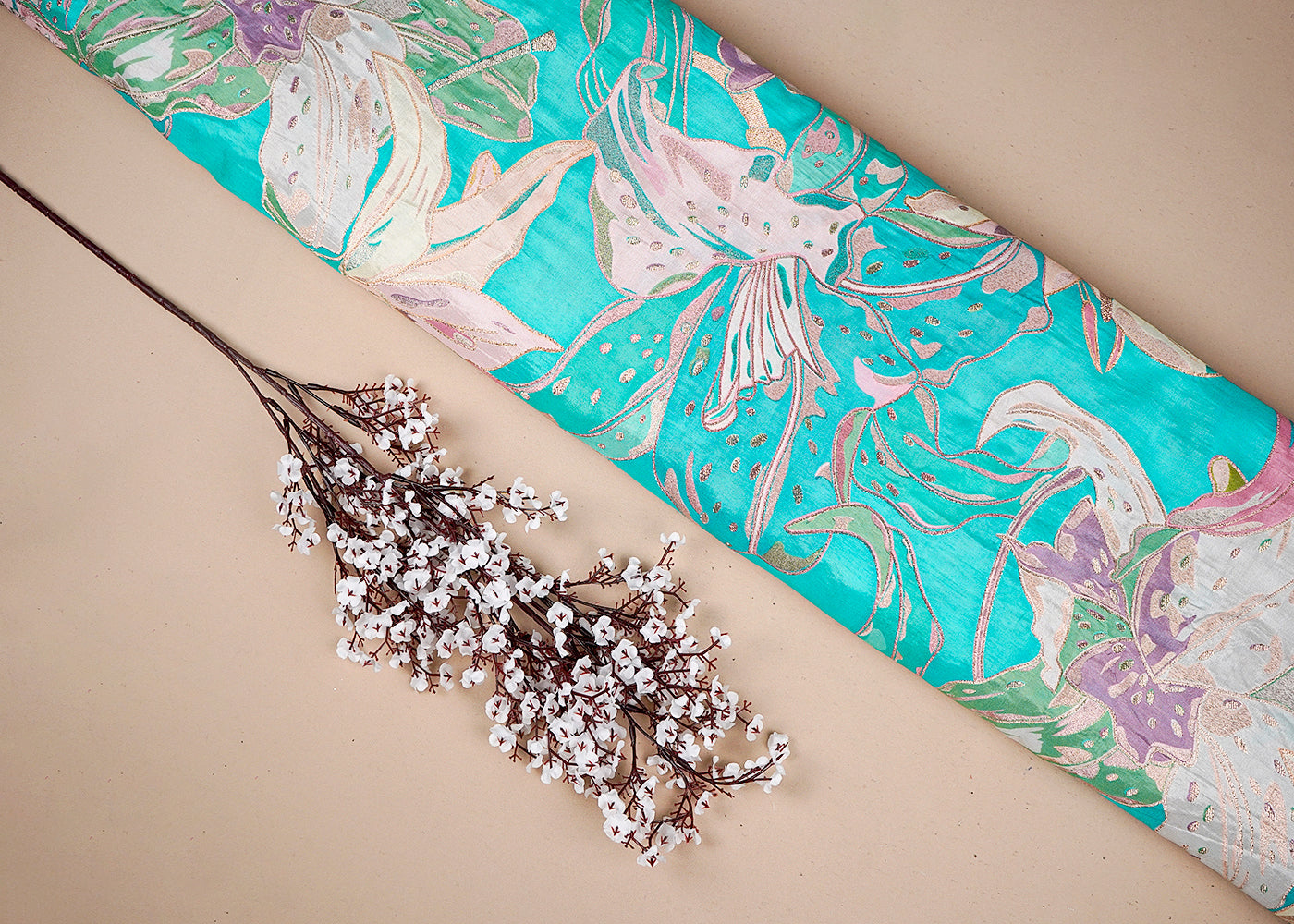 Mint Green Tissue Fabric With All Over Floral Print With Golden Zari Handloom 16372