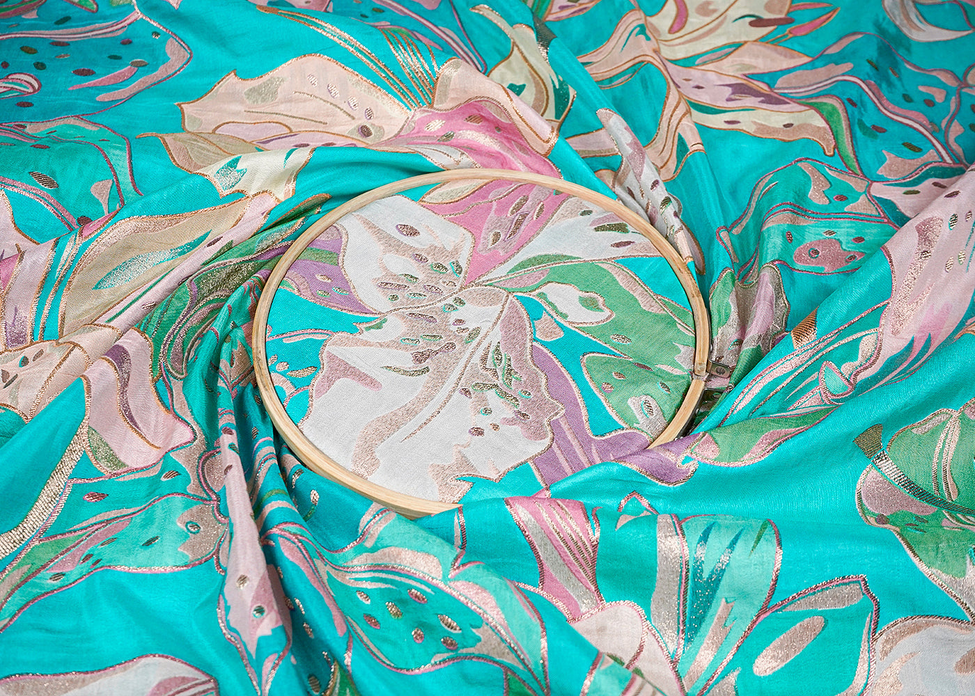 Mint Green Tissue Fabric With All Over Floral Print With Golden Zari Handloom 16372
