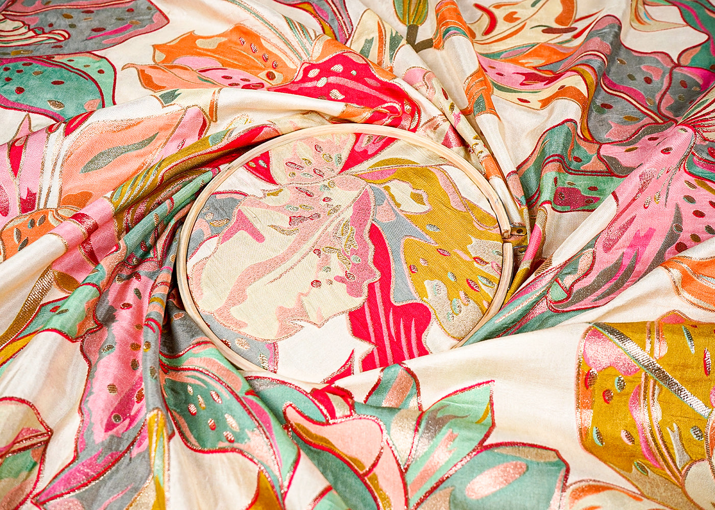 Beige Tissue Fabric With All Over Floral Print With Golden Zari Handloom 16373