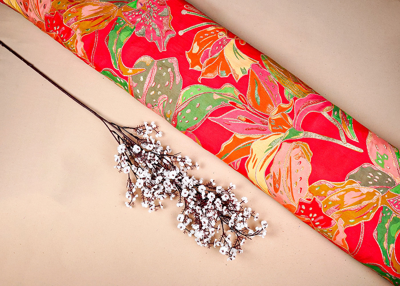 Hot Pink Tissue Fabric With All Over Floral Print With Golden Zari Handloom 16374