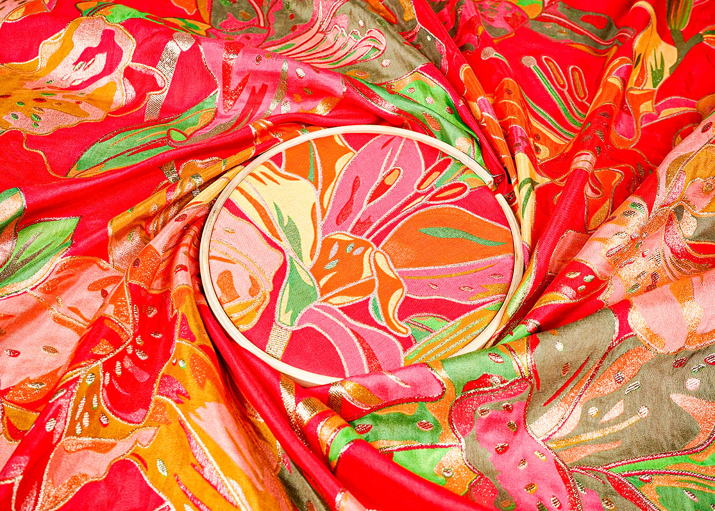 Hot Pink Tissue Fabric With All Over Floral Print With Golden Zari Handloom 16374