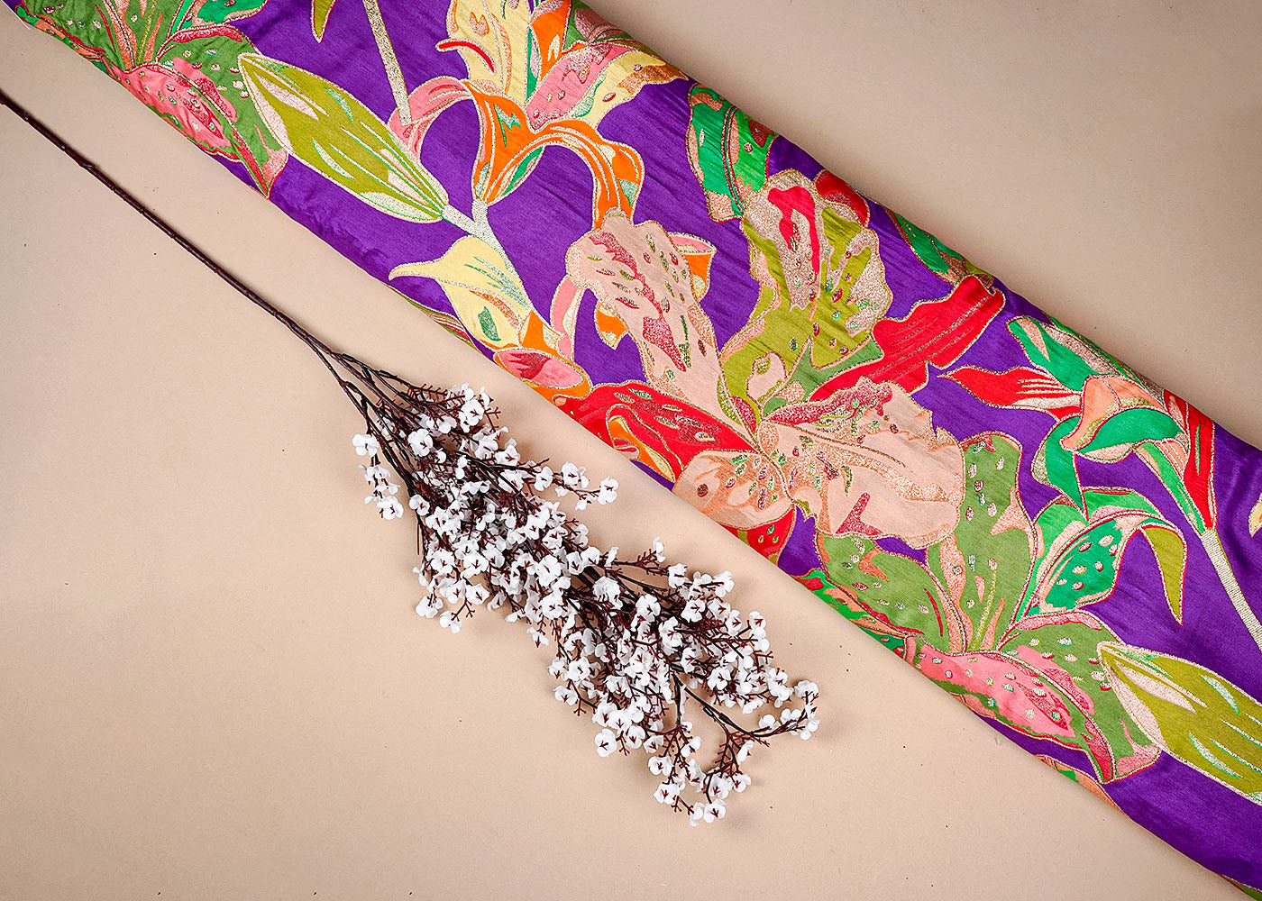 Purple Tissue Fabric With All Over Floral Print With Golden Zari Handloom 16375