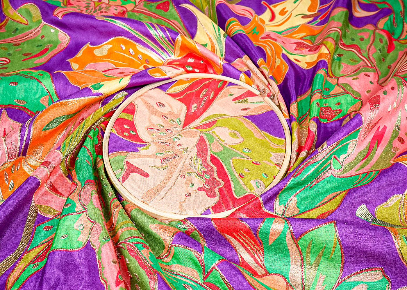 Purple Tissue Fabric With All Over Floral Print With Golden Zari Handloom 16375