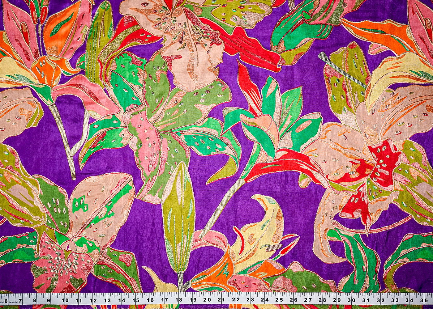 Purple Tissue Fabric With All Over Floral Print With Golden Zari Handloom 16375