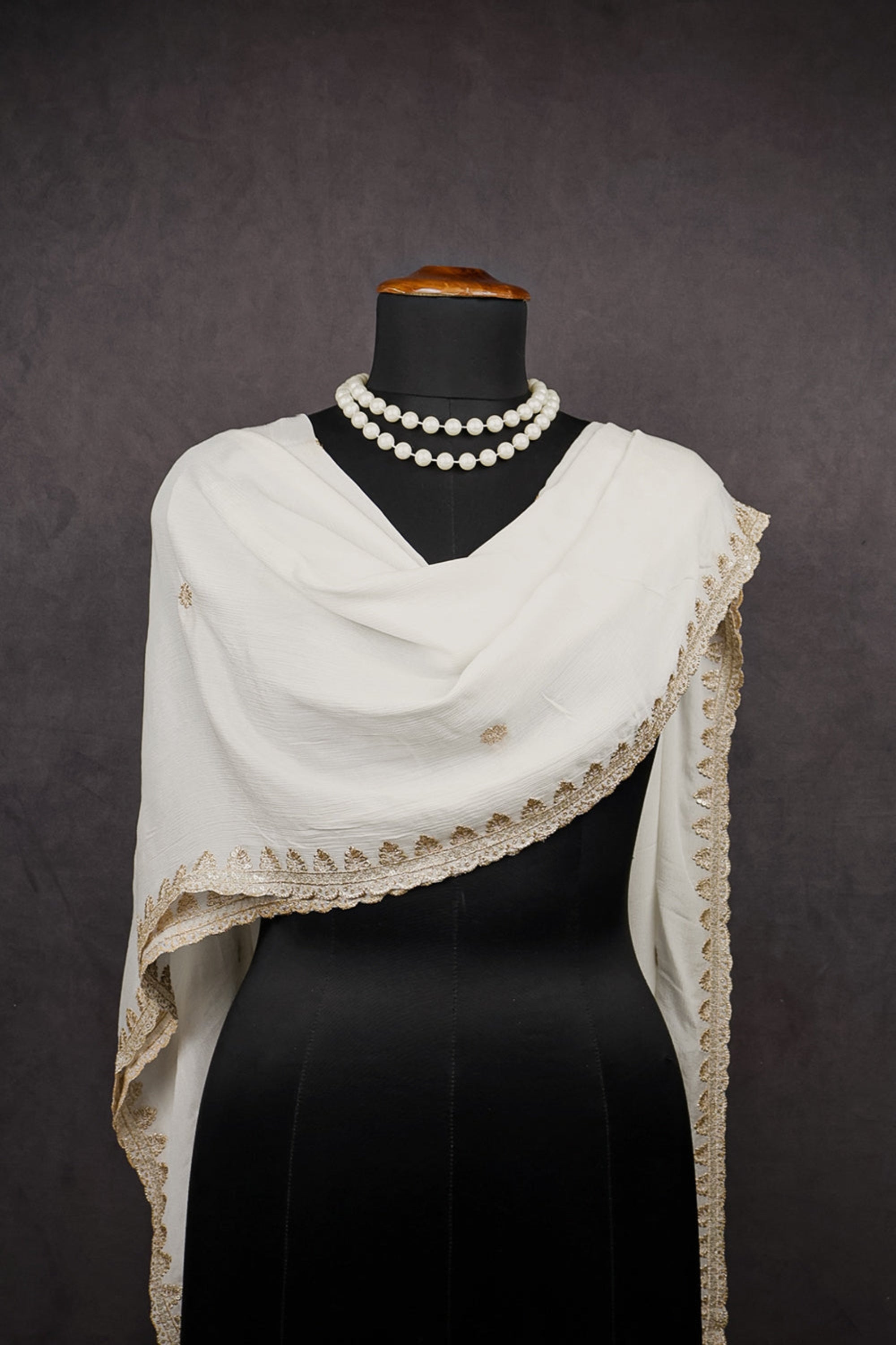 White Dyeable Chinon Chiffon Dupatta With All Over Zari And Sequins Work 16382