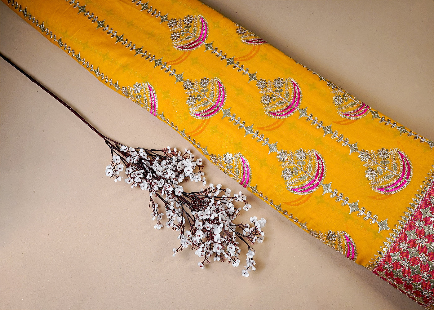 Yellow Georgette Fabric With All Over Gota Patti, Thread And Sequins Work With One Side Heavy Border 16390