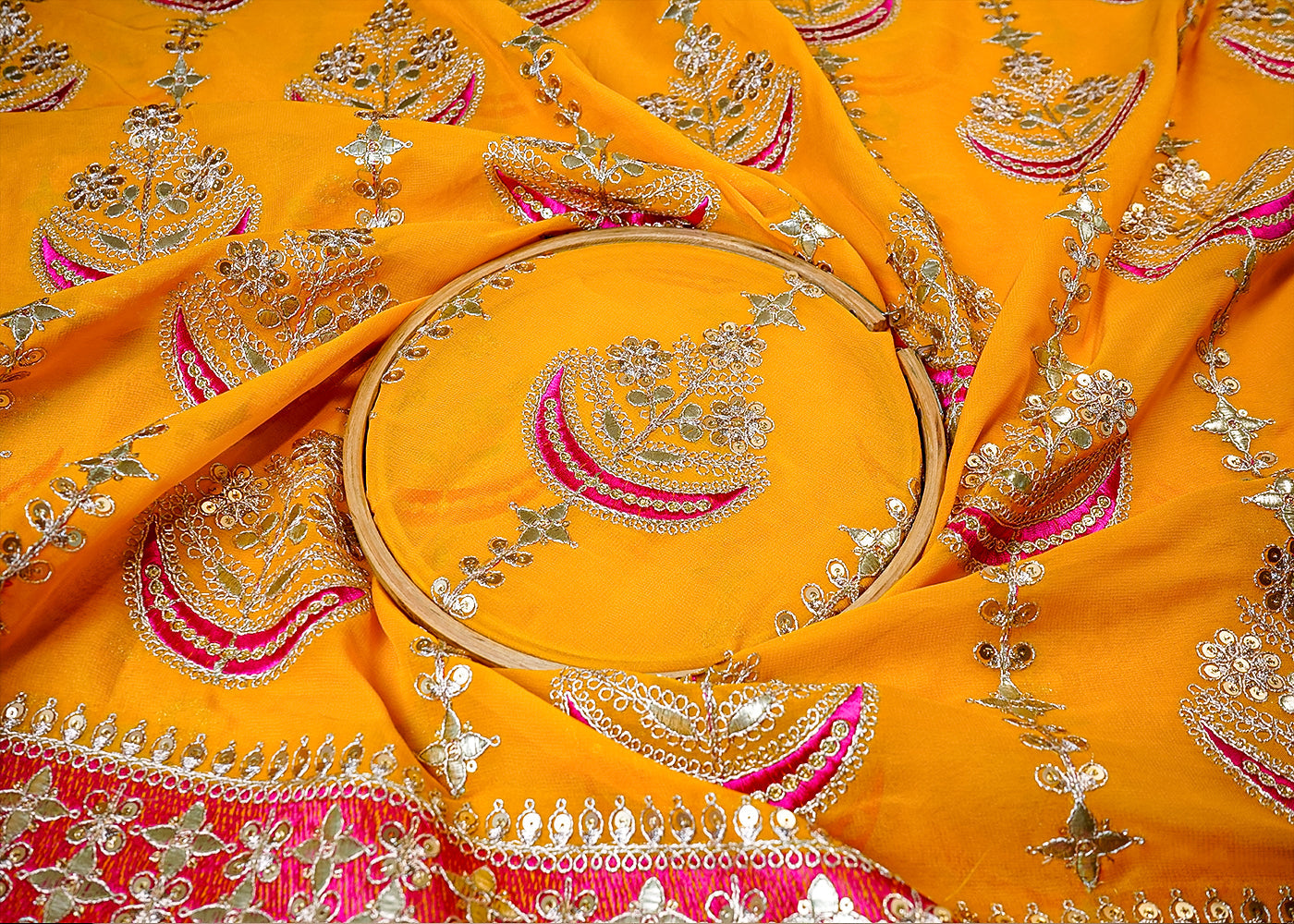 Yellow Georgette Fabric With All Over Gota Patti, Thread And Sequins Work With One Side Heavy Border 16390